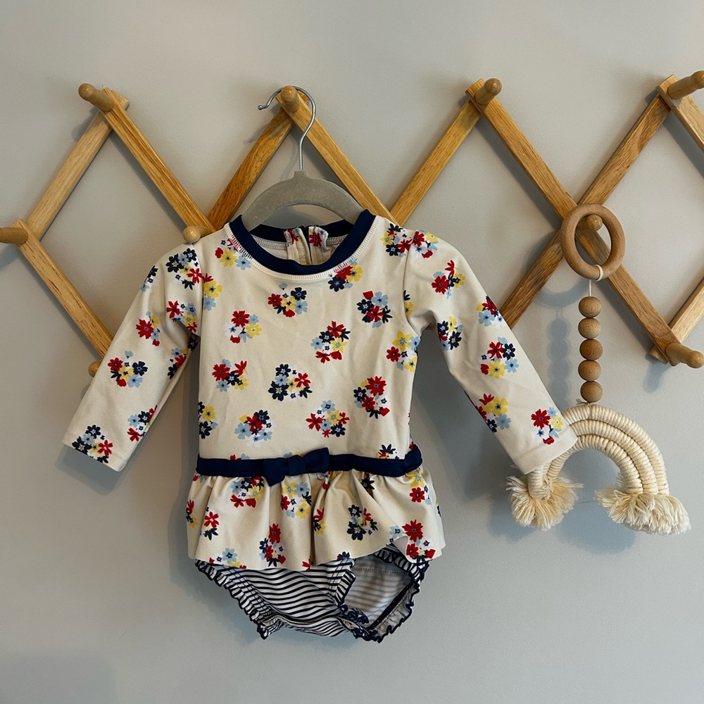 Ruffle Butts Floral Romper with Navy Trim